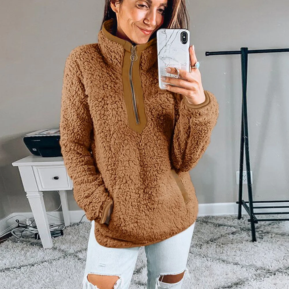 

Brand New Women Autumn Winter Hoodies Turtle Collar Zipper Pocket Long Sleeve Pullovers Casual Ladies Sweatshirt Clothing Ropa