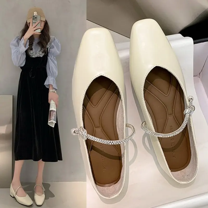 2024 NEW Comfort Spring Flattie Square Toe Ballet Shoes Fashion Low Heel Shoes Silver Shallow Buckle Soft Sole Shoes Size 35-40