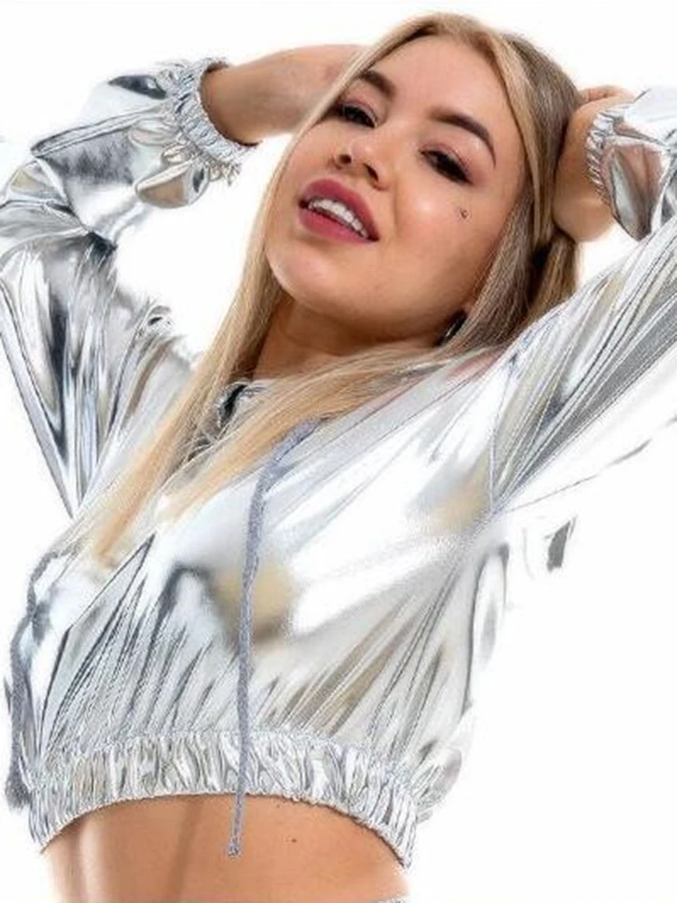 

CHSDCSI Lady Sweatshirts Sexy Hooded Crop TopsFemale Hoodie Silver Long Sleeve Hoody Women Autumn Spring Gold 2022 Hot Sale