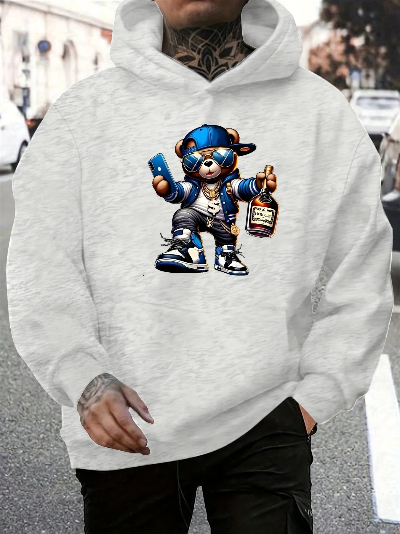 Men's autumn and winter casual fashionable loose hooded sweatshirt with cool bear pattern printed long sleeved warm pullover