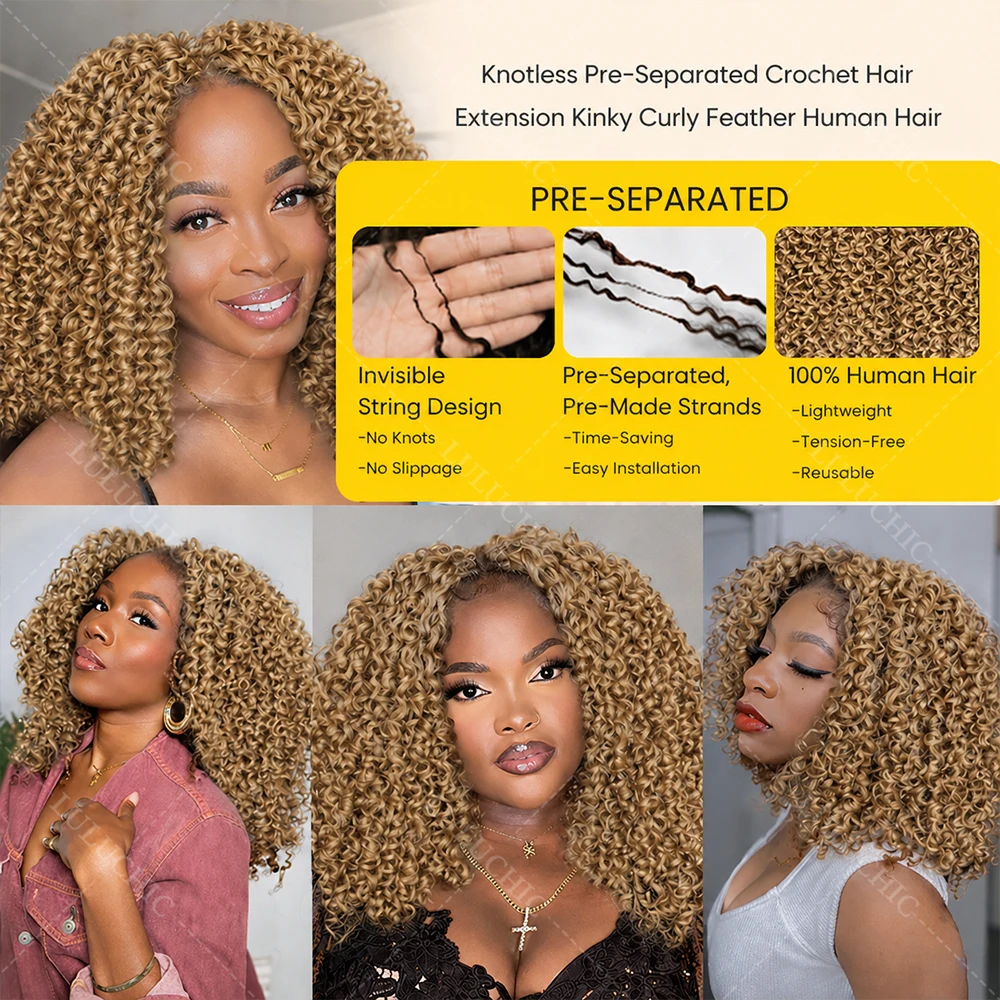 15A Blonde Color Kinky Curly Feather Crochet Human Hair For Boho Braids Small Spirals Curly Miracle Knots Crochet Hair Extension 6