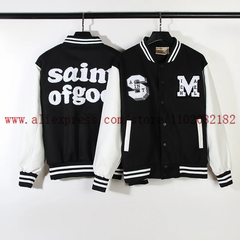 

Vintage Saint Of God Baseball Jacket Men Women Leather Sleeve Saint Michael Coat Oversize Spliced Baseball Jacket