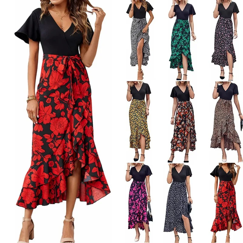 

Women Vintage Long Dresses Summer Print Female Casual V Neck Dresses