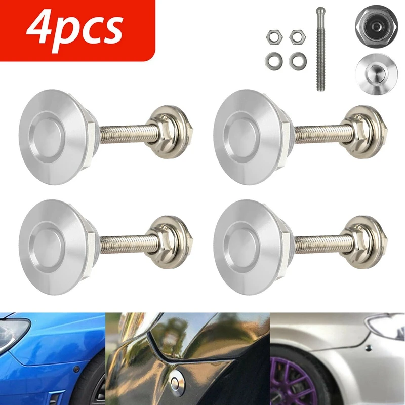 Kit 4 Loquets à Bouton-Poussoir Pour Capot De Voiture - Argent, Aluminium, Ajustement Universel