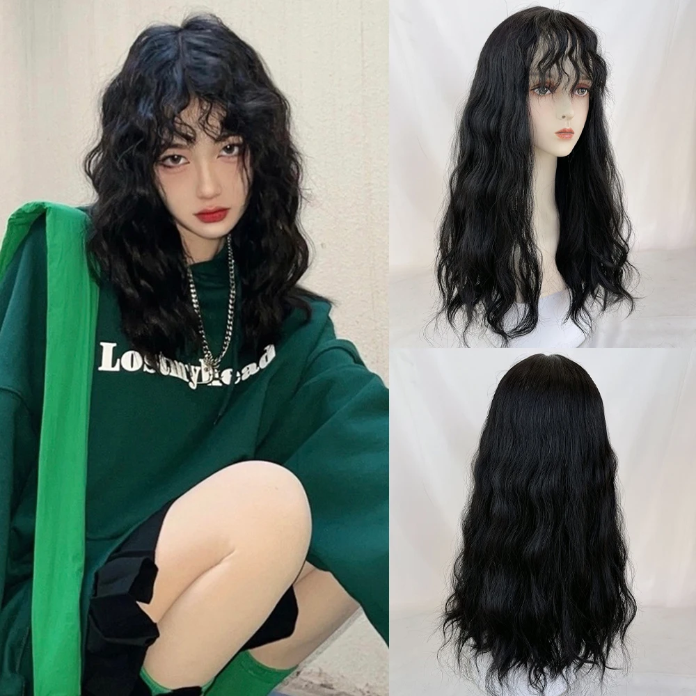 Synthetic Black Curly Long Wigs with Bangs Lolita Cosplay Women Natural Fluffy Heat Resistant Hair Wig for Daily Party