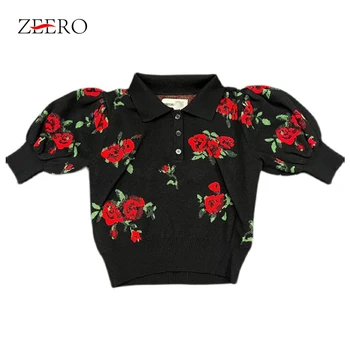 Spring Summer Women Vintage Flowers Turn Down Collar Short Sleeve Knitted Pullover Crop Top Kawaii Black Sweater Y2k Tops Korean 1