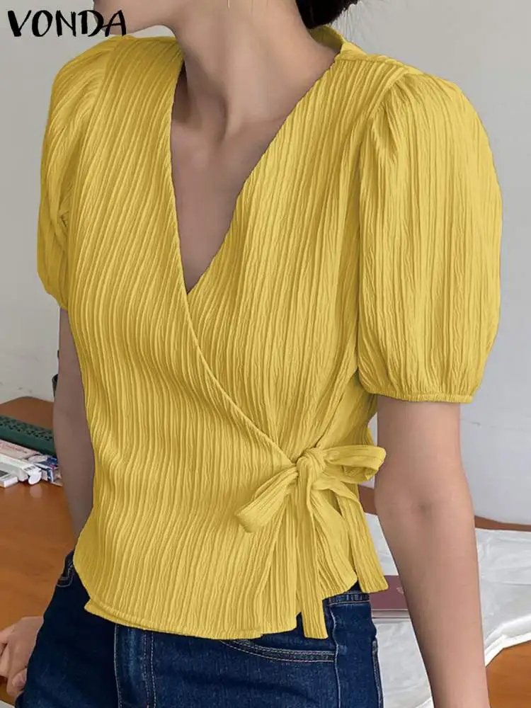 

Элегантная блузка VONDA с коротким рукавом 2024, женские летние рубашки с запахом, сексуальные бандажные повседневные однотонные топы с V-образным вырезом, свободные блузы
