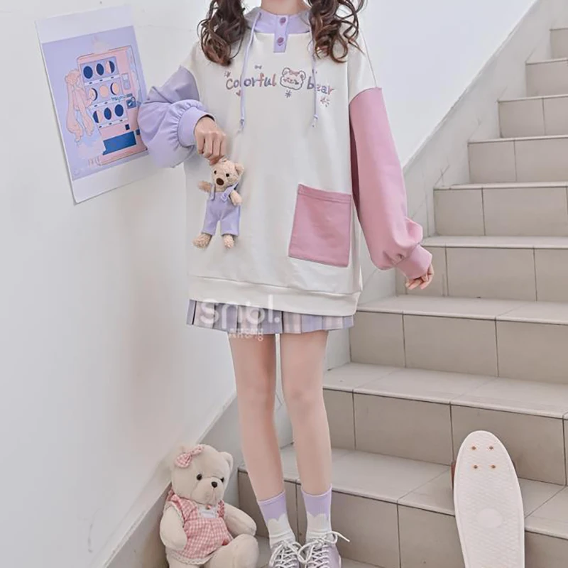 Kawaii Bear Plush Toys Hooded Sweatshirts 2024 Autumn Long Sleeve Top Sweet Girls Clothes Patchwork Hoodies Femme Harajuku Kpop