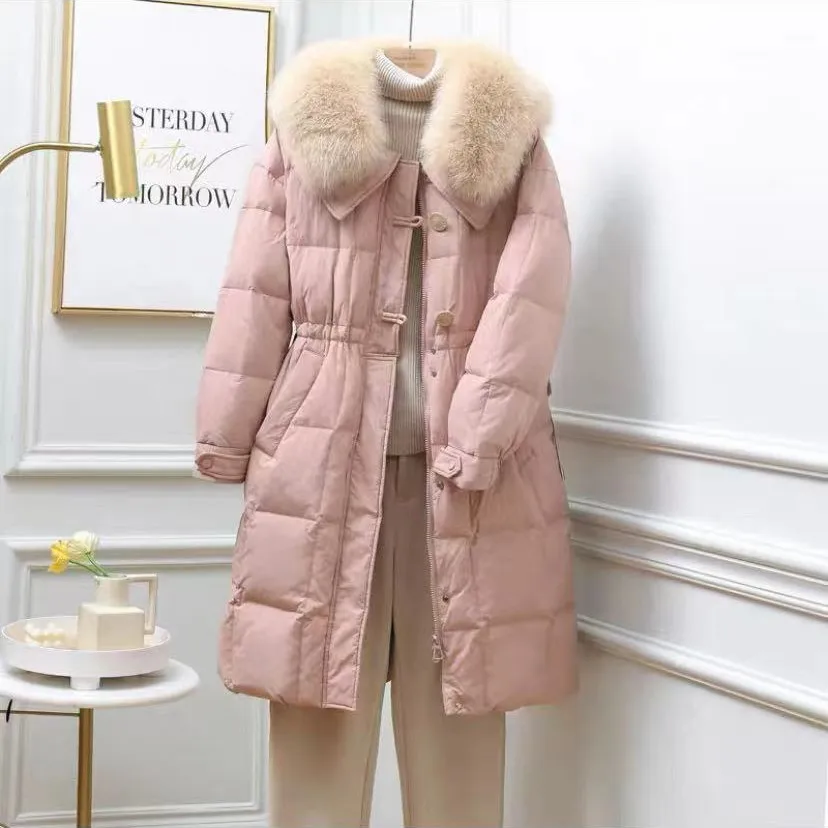 

Large collar down jacket for women's mid length 2023 new waistband with a slimming appearance, small white duck down winter coat