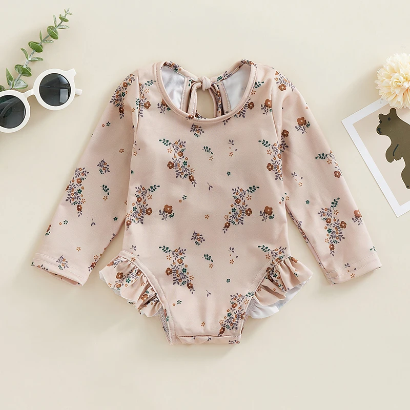 Toddler Baby Kids Girls Summer Swimsuits Floral Print Long Sleeve Ruffles Jumpsuit Swimwear Beachwear Bathing Suits children swimwear swimsuit one piece