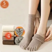 5 Pairs Women Toe Socks Thick Winter Cotton Solid Loose Breathable Warm Floor Sleeping Terry Against Cold Snow Five Finger Socks