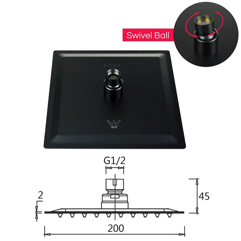 KYLINS Showerhead top-spray 8 inch Ultra Thin Rain Shower Head Stainless Steel 200X200 mm Square Matt Black. KSS108.BL