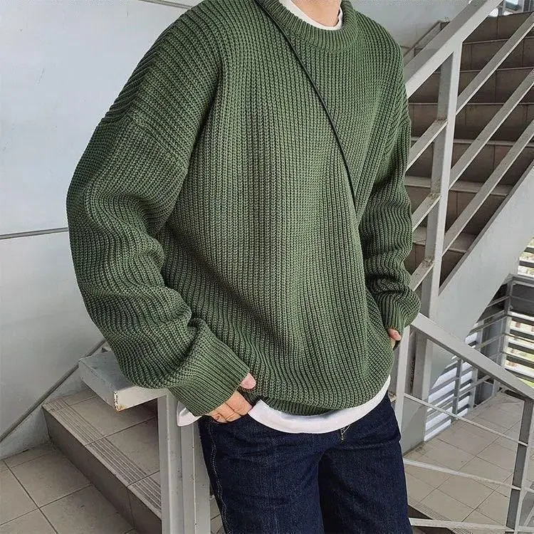 남성용 라운드넥 니트 스웨터, 베이스레이어 두꺼운 이너, 캐주얼 스타일, 트렌디 한국 버전, 루즈핏 탑, 2022 신상