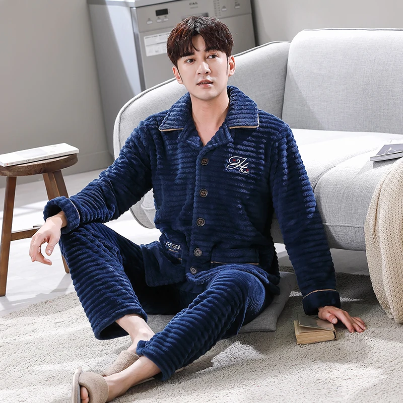 겨울 잠옷 남성용 두꺼운 산호 양털 잠옷 세트 따뜻한 잠옷 플란넬 남성용 잠옷 세트 캐주얼 홈웨어 피자마 L-3XL