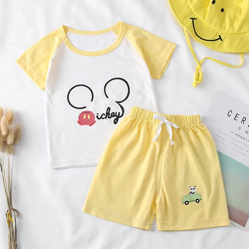 Children Mickey Mouse Cartoon Cute Summer 2pcs Outfits T-shirt+shorts O-neck Pure Cotton Casual Kids Unisex Short Sleeves Pants Clothing Sets near me