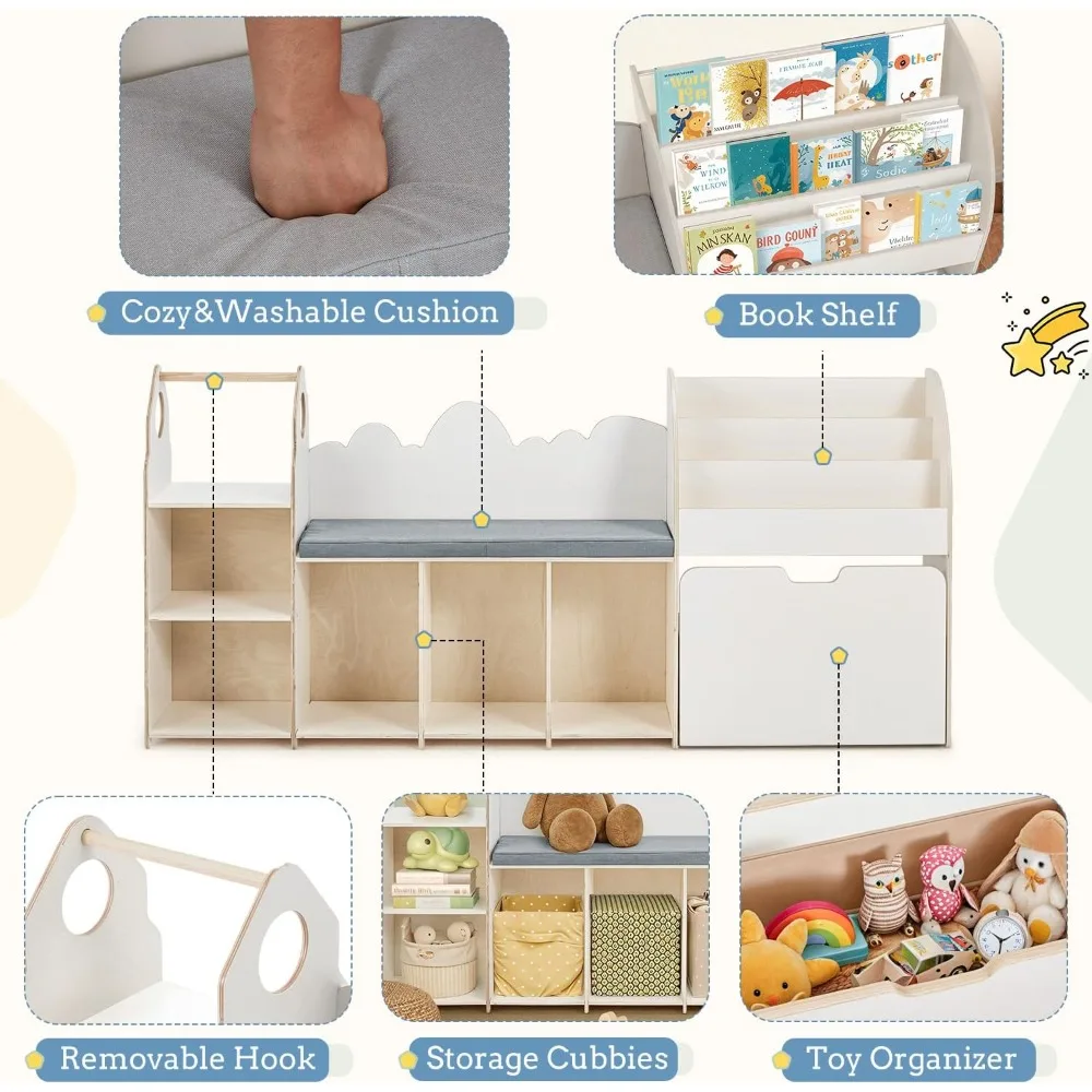 67" Kids Reading Nook with Bench, Toy Storage Organizer, 6 Cubbies & Movable Drawers, Bookshelf for Playroom Bedroom
