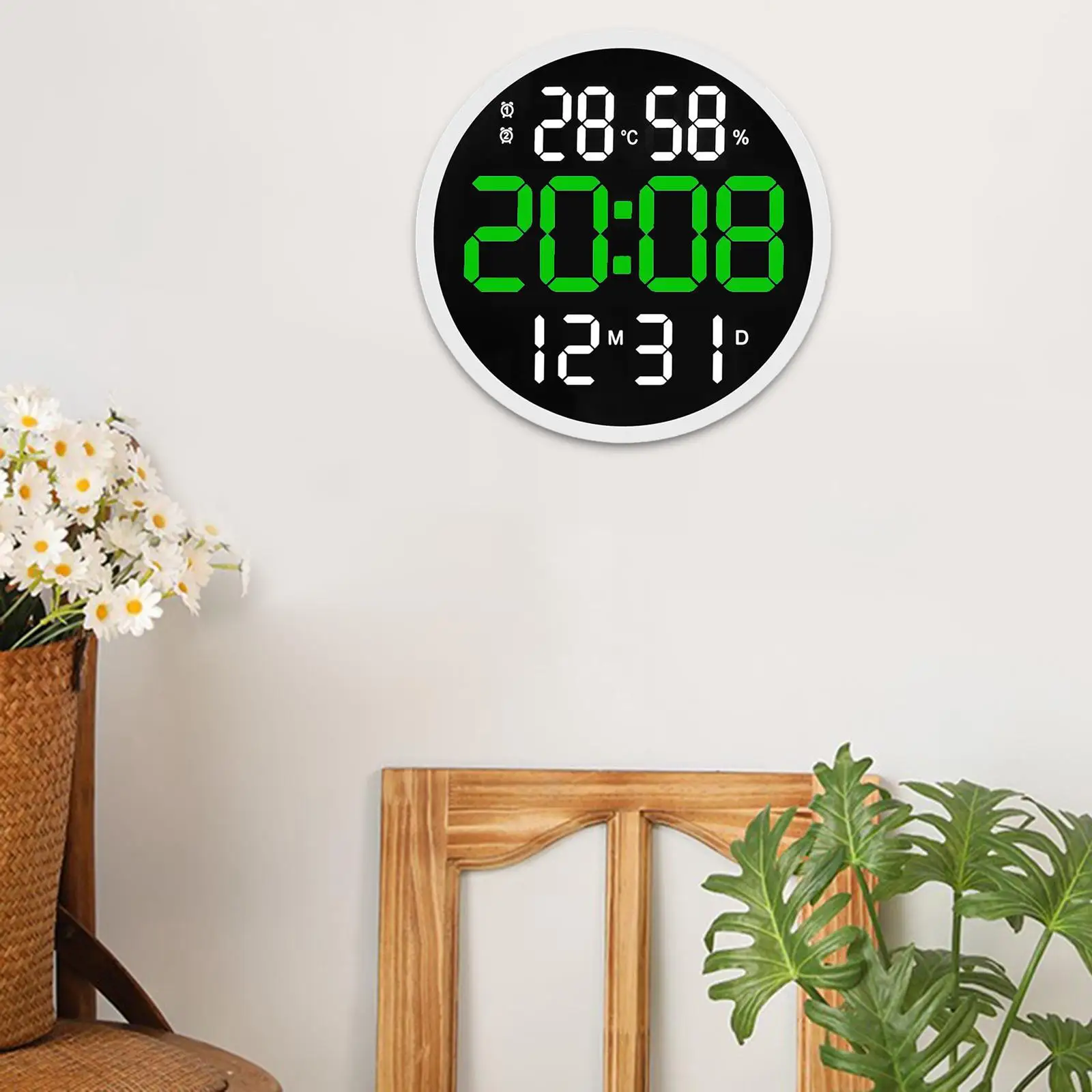 Round 12 inch Digital Wall Clock Adjustable Brightness Large Display 12/24H LED Alarms Clock for Restaurant kitchen Bedroom