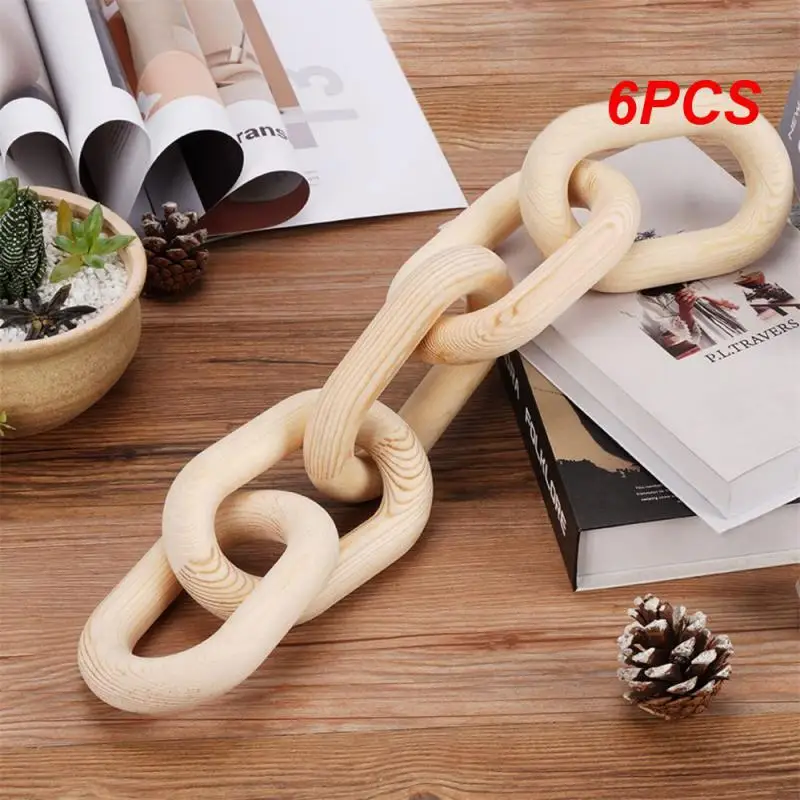 

6PCS Boho Style Chain Link Wooden Hand Carved 5-Link Chain Art Craft Ornament for Table Tray Farmhouse Office Rustic Desk