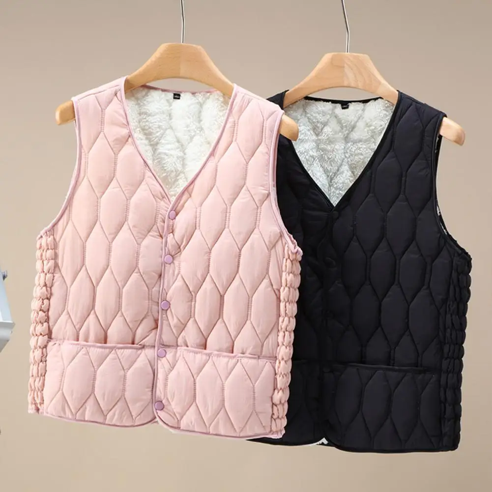 

Fall Winter Women Vest Thick Padded Plush V Neck Sleeveless Single-breasted Soft Warm Windproof Rhombus Texture Lady Waistcoat