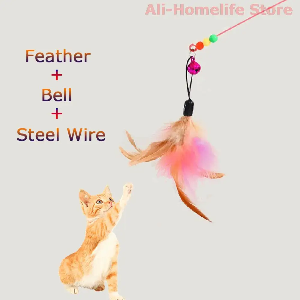 

Funny Kitten Cat Teaser Feathers Interactive Toy Rod with Bell Pet Cats Sticks Toys Steel Wire Chaser Wand Stick Toy Supplies