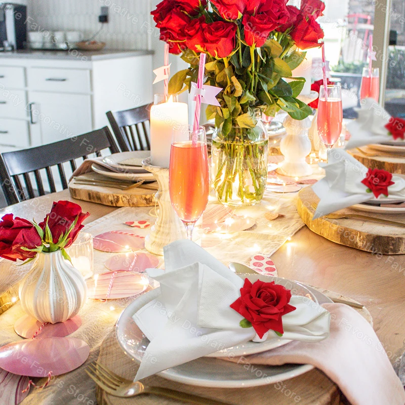 2/4/6pcs Flower Napkin Rings Red Rose Towel Buckle for Wedding Party Valentines Day Home Table Decoration Birthday Napkin Holder