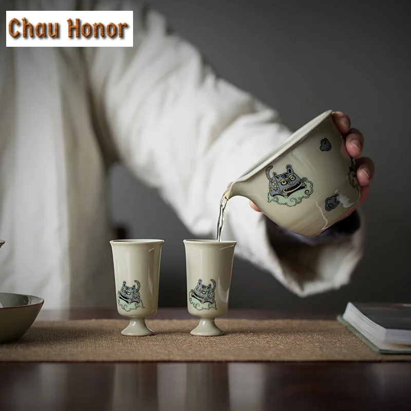 190ml Boutique Honey Glaze Tiger Art Ceramic Tea Pitcher Household Chinese Style Divide Tea Chahai Kungfu Tea Set New Years Gift