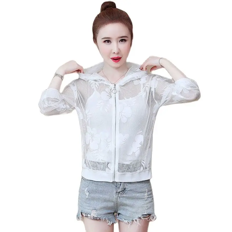 

2022 women's Summer Sun Protection Clothing Zipper Hooded Short Coat Thin Mesh Lace Wild Fashion Comfortable Ladies Jacket