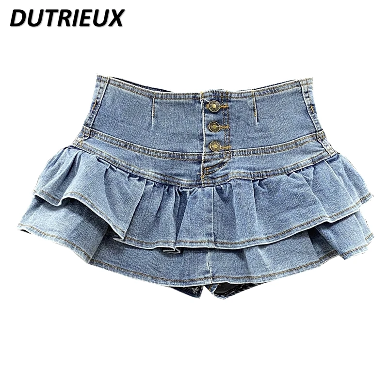 

Harajuku Girls Summer Sexy Jeans Skirt High Waisted Single-Breasted Ruffles Cake Denim Skirt Woman Students Kawaii Pleated Skirt