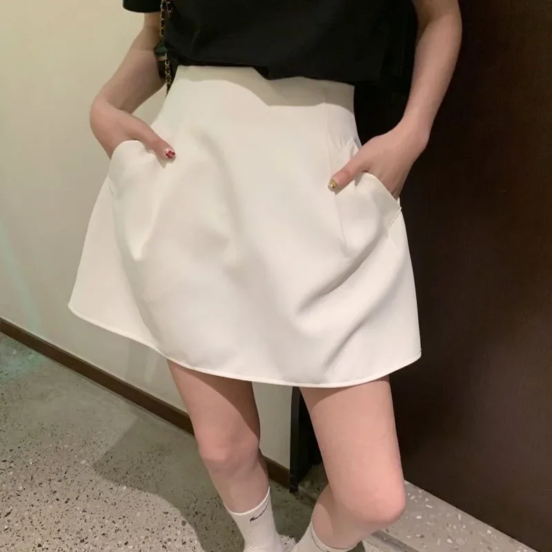 

White High Wiast Puffy Short Skirts Women All-Match Y2K Pocket A-Line Skirts Female Korean Fashion Slim Fit Black Faldas Mujer