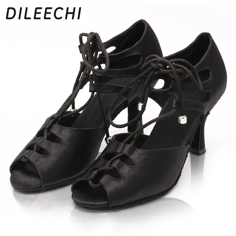 DILEECHI Black Satin Latin dance shoes Women Ballroom Dancing Shoes Wide/ Narrow Foot Salsa High-Heel Soft Outsole Ajust Width 4