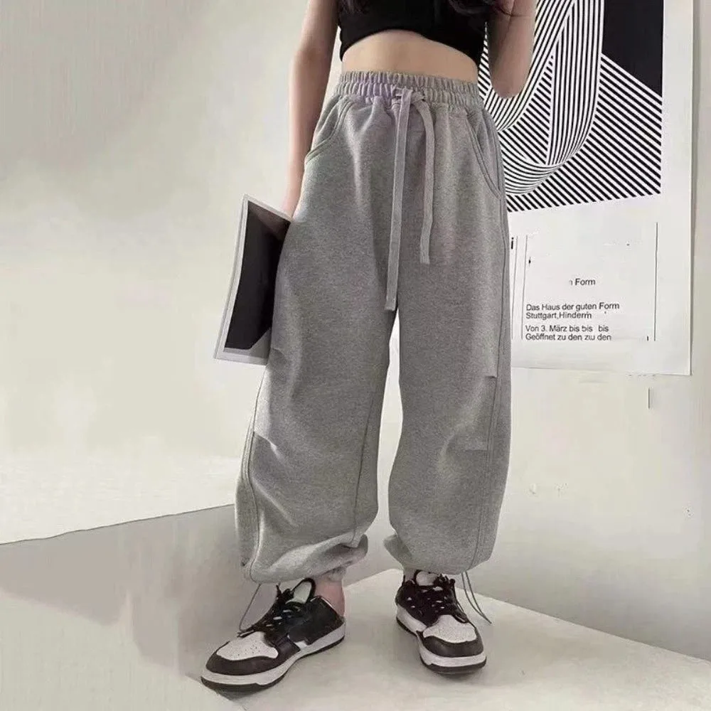 Casual Pleated Baggy Cargo Pants Drawstring Trousers Wide Leg Pants Joggers High Waist Retro Pants Girl Children