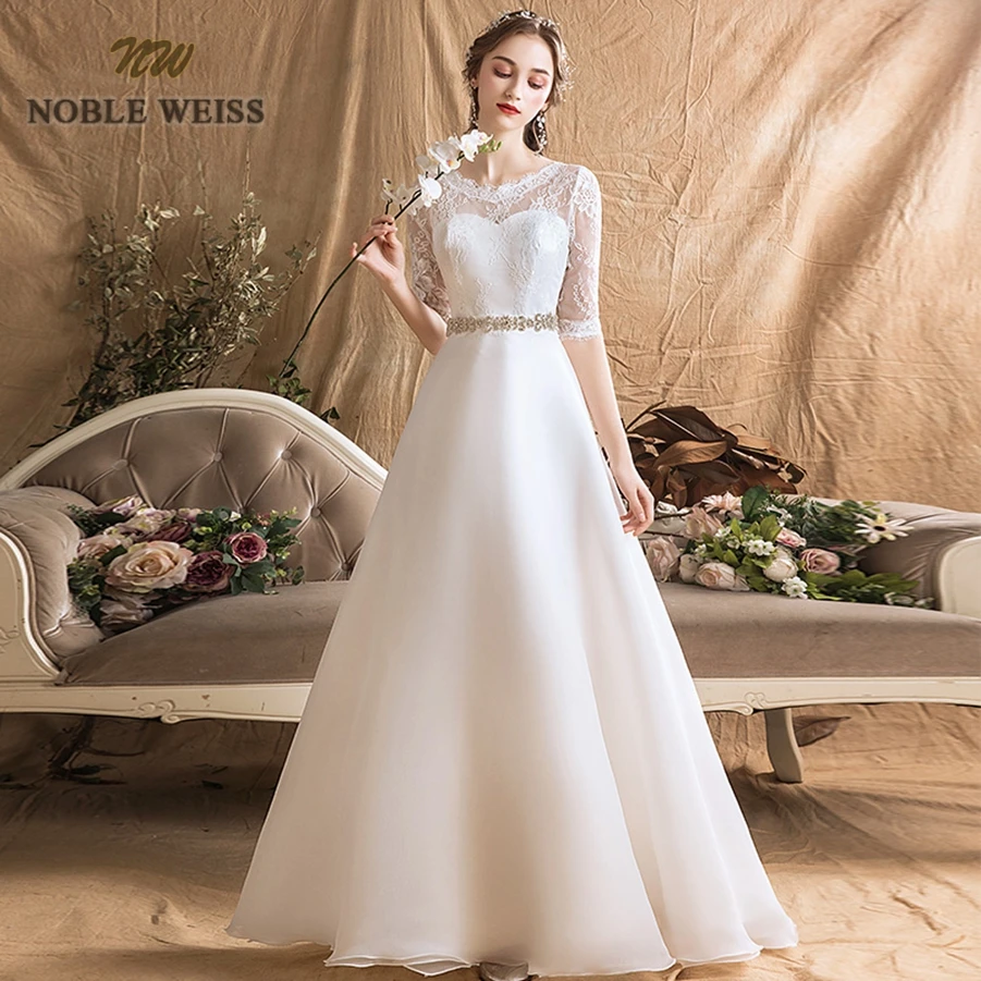 Wedding Dresses Organza A-line Simple Wedding Dress Sexy Floor-length  Sashes Bridal Dresses with Half Lace Wedding Gown - AliExpress, image size:901x901
