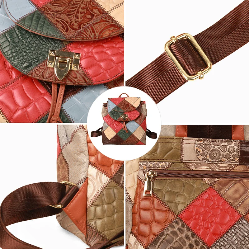 Backpack for Women Natural Cowhide Knapsack Women Girls Designer Travel Patchwork Female Backpacks For School Laptop Women Purse