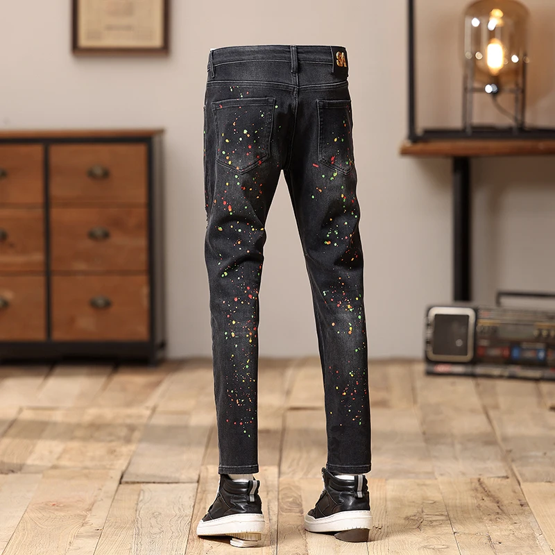Street Fashion Men Jeans Retro Black Gray Stretch Slim Fit Ripped Jeans Men Painted Designer Hip Hop Splashed Denim Pencil Pants