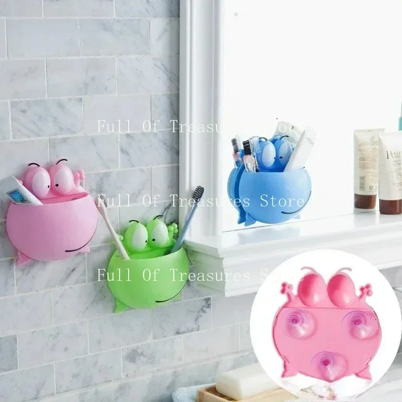 Wall mounted toothbrush holder with children's suction cups, toothpaste storage room, cute frog pattern, cartoon, house, T1