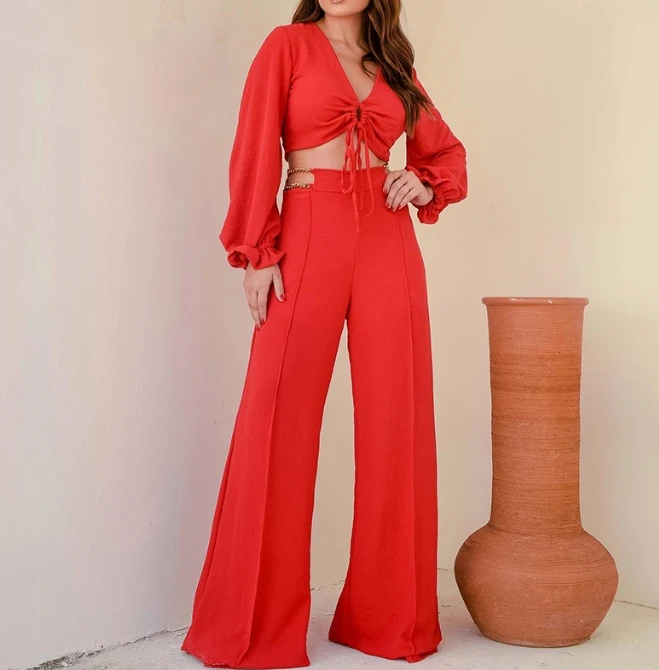 Fashionable V-Neck Petal Sleeve Short Drawstring Top Wide Leg Pants Set, The Latest Best-Selling Fashion Women's Temperament