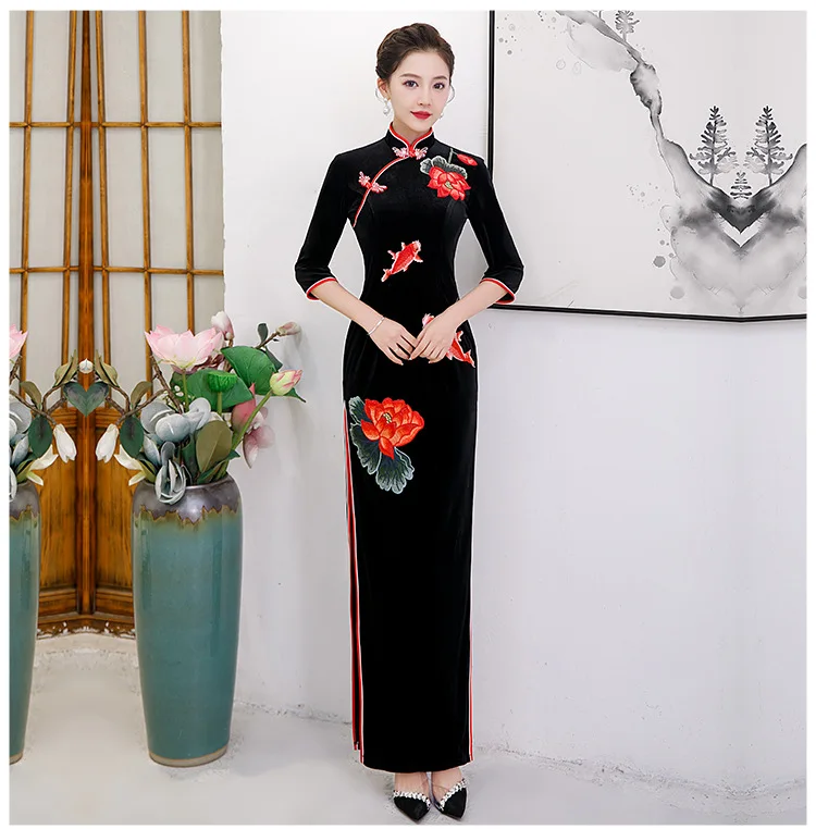 

Black Velvet Qipao Long Party Dresses Casual China Elegant Dress Women Chinese Vintage Embroidery Cheongsam Oriental Clothing