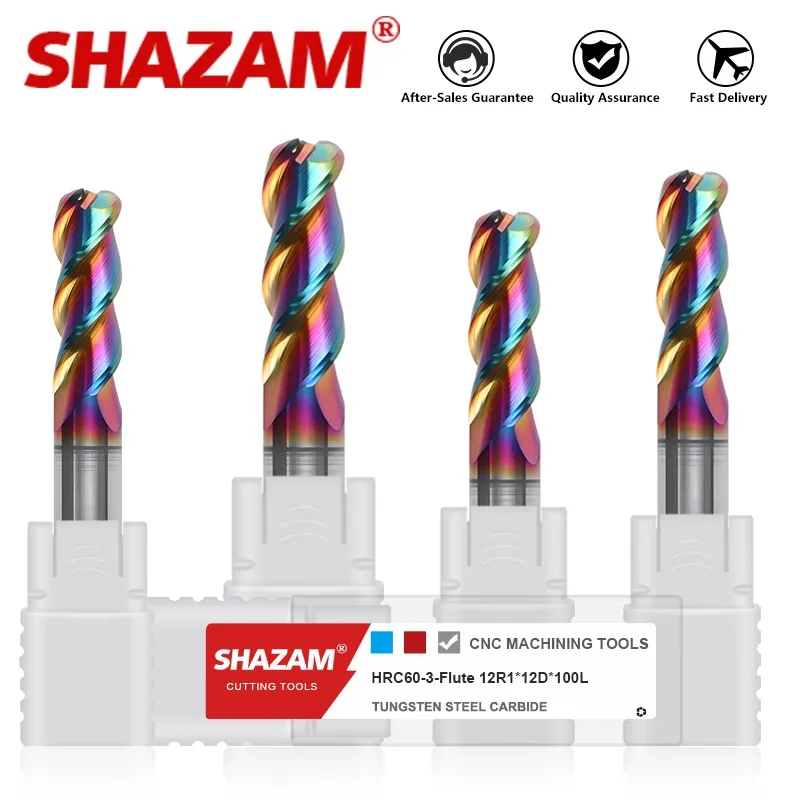 

Вольфрамовая сталь SHAZAM HRC65, Карбидное покрытие DLC, фреза с 3 канавками и круглым носом, обрабатывающий центр с ЧПУ, концевые фрезы, инструменты