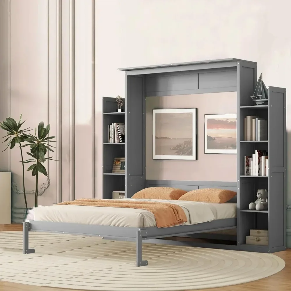 Murphy Bed, Wooden Wall Bed with Shelves,Murphy Bed, Which Easily Folds Into A Cabinet,Queen Bed Frames, Bedroom Furniture 2