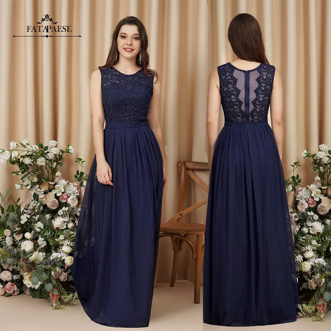 

FATAPAESE Lace Chiffon Wedding Evening Party Dress Elegant Navy Blue Long Maxi Gown Back Zipper Prom Dresses vestido de festa