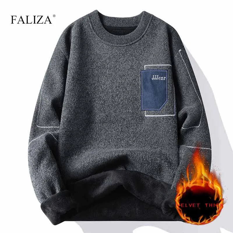 

FALIZA Winter Thick Warm Mens Pullovers Sweaters Crew Neck Appliques Knit High Quality Comfortable Padded Knit Sweater Jumper