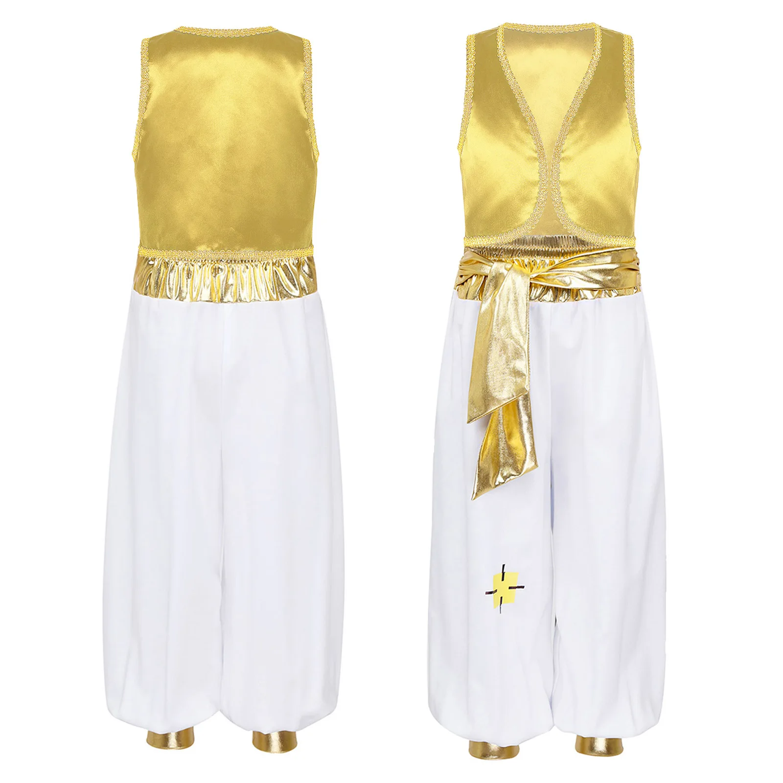Disfraz de Cosplay árabe de Carnaval de Aladin de los reyes del Príncipe mítico para chico, chaleco frontal abierto con recorte trenzado y pantalones con cinturón