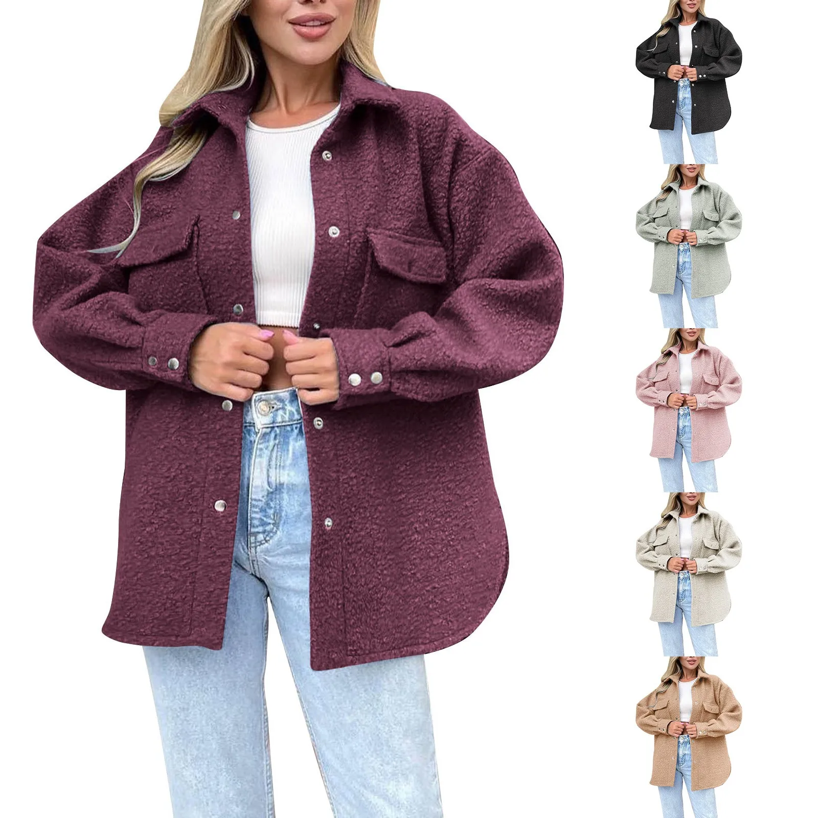 

Womens Fleece Shirt Jacket Oversized Button Down Long Shacket Jacket With Pockets Female clothing vintage