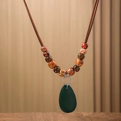 Vintage Ethnic Totem Beaded Necklace with Handmade Wood and Water Drop Pendants - Women's Daily Wear Jewelry (Green)