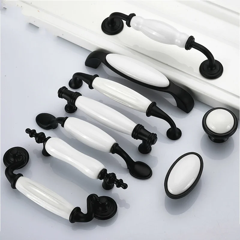 Ceramic Black White Cabinet Handles Drawer Knobs Zinc Alloy Wardrobe Door Handles Pulls Simple European Furniture Handle