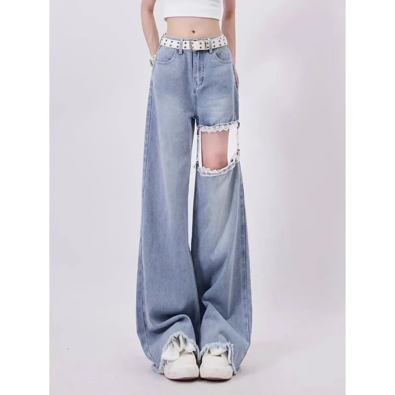 Jeans Women Summer New Ins Hottie Lace Hollowing Out Splicing Pendant Straight Cylinder Trousers Tide
