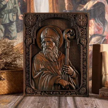 Religious Vintage Holy Wooden Carved Saint Patrick Square Plaque Wall Decor Catholic Saint Gift 1