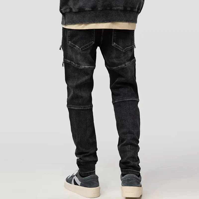 Street Fashion Men Jeans Retro Black Gray Elastic Slim Fit Spliced Designer Biker Jeans Men Stretch Patched Hip Hop Pants Hombre
