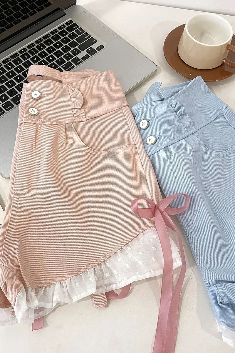 2023 New Summer Girl Sweet Bow Stitching Wmen's Casual Shorts Contrast Color A- Line High Waist Shorts Slimming Denim Shorts