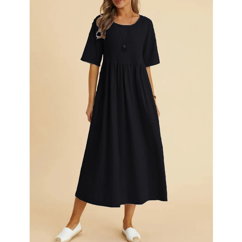 Women Vintage Cotton Linen Breathable Midi Dress Y2K Summer Fashion Half Sleeve Solid Casual Dresses High Waist Elegant Vestidos 3